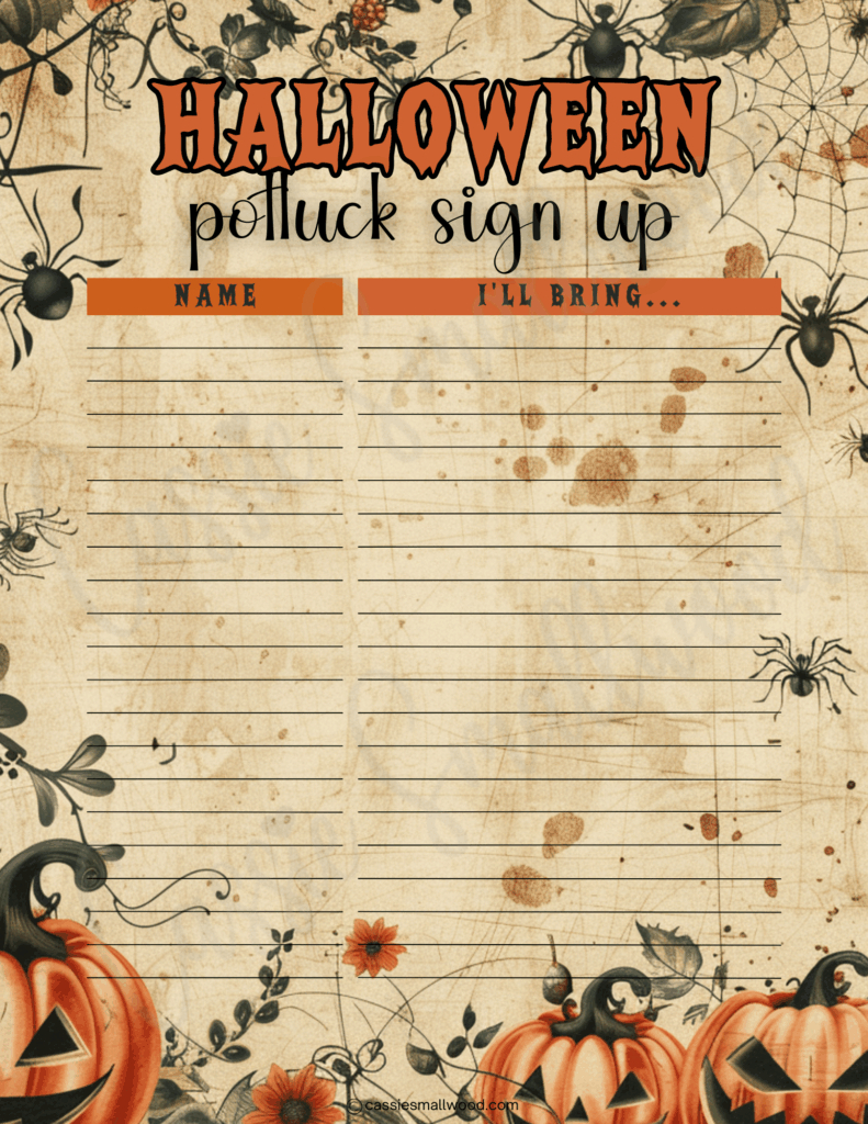 12 Cute Halloween Potluck Sign Up Sheets - Cassie Smallwood intended for Halloween Potluck Sign Up Sheet Printable