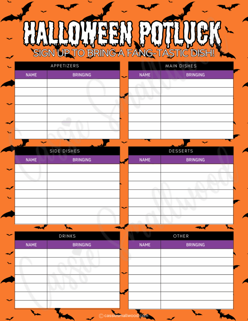 12 Cute Halloween Potluck Sign Up Sheets - Cassie Smallwood throughout Halloween Potluck Sign Up Sheet Printable