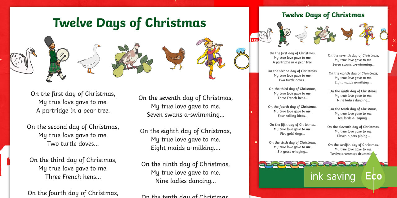 12 Days Of Christmas Printable Song Lyrics - Events - Twinkl pertaining to Christmas Carols Lyrics Sheets Printable