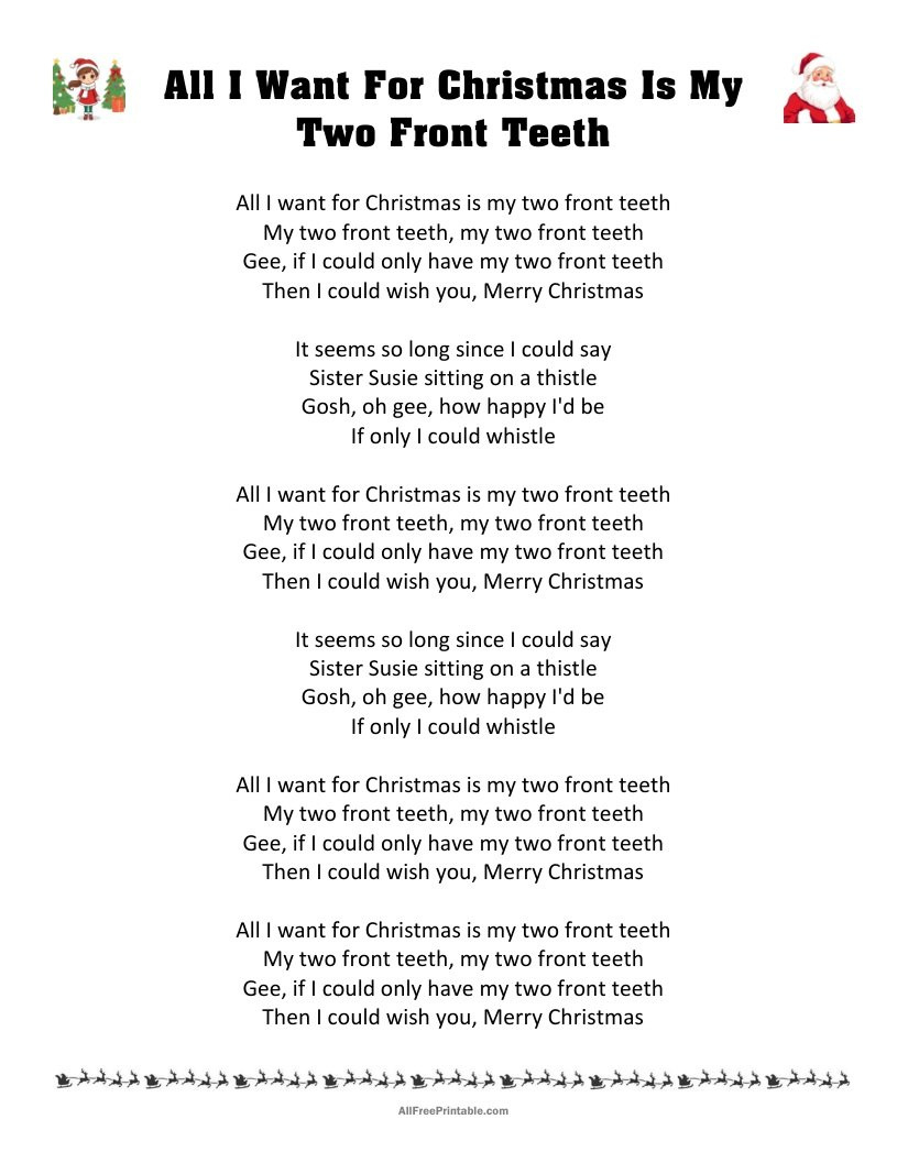 All I Want For Christmas Is My Two Front Teeth Lyrics – Free Printable pertaining to Printable All I Want for Christmas Is My Two Front Teeth Lyrics