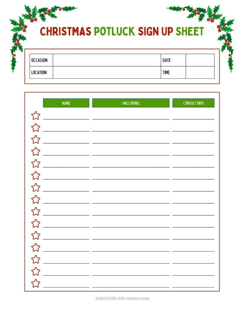 Christmas Potluck Sign-Up Sheets (Free Printables) regarding Printable Christmas Potluck Sign Up Sheet