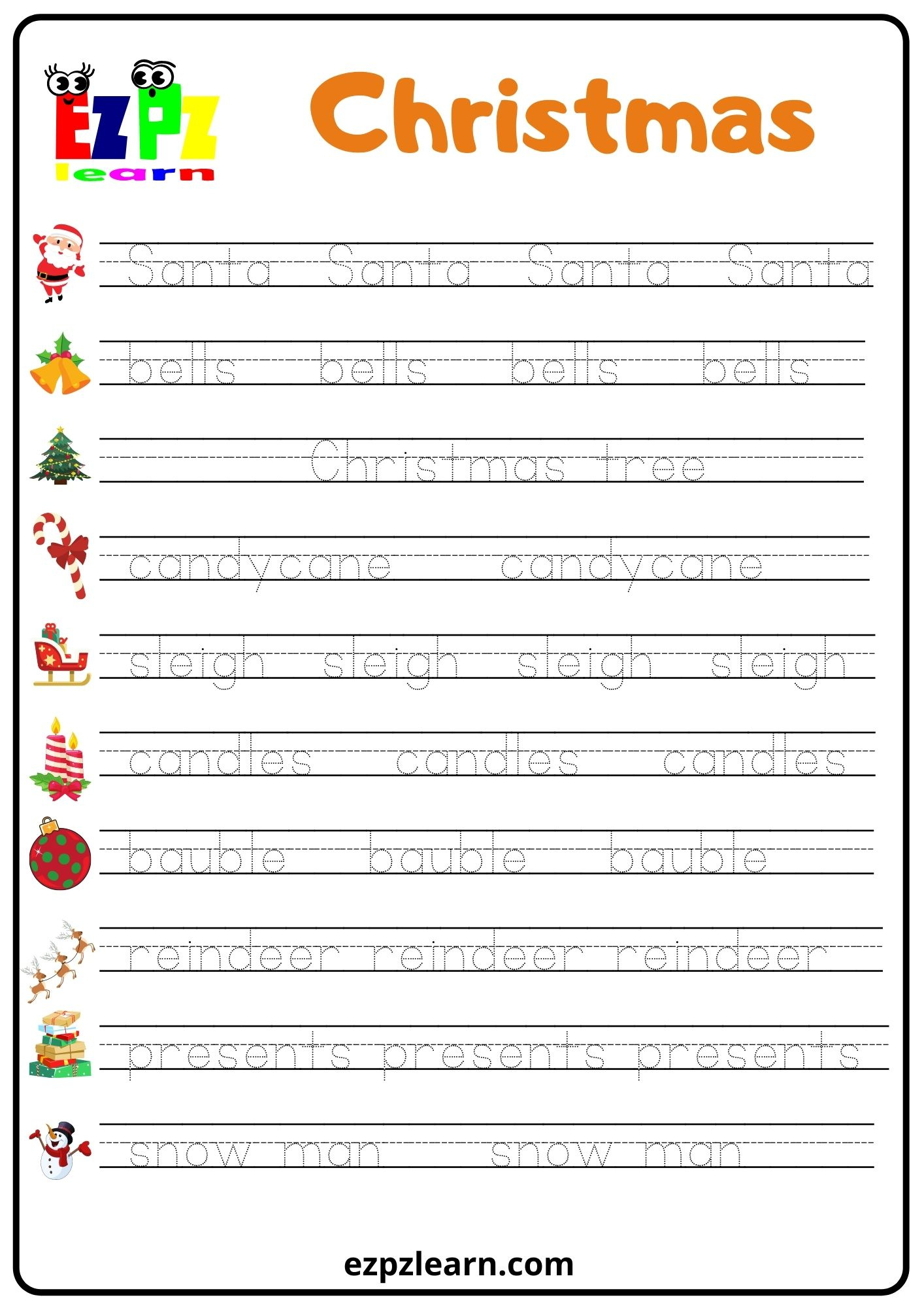 Christmas Word Tracing Worksheet - Ezpzlearn for Christmas Presents Tracing Worksheet Printable