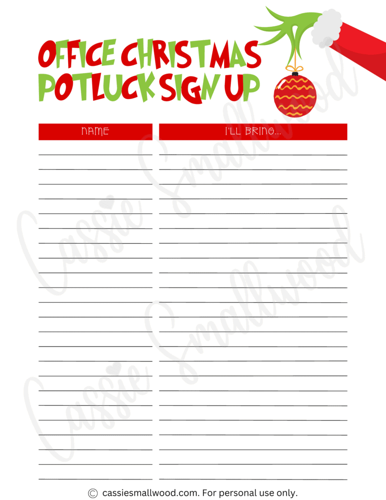 Cute Christmas Potluck Sign Up Sheets - Cassie Smallwood intended for Printable Christmas Potluck Sign Up Sheet