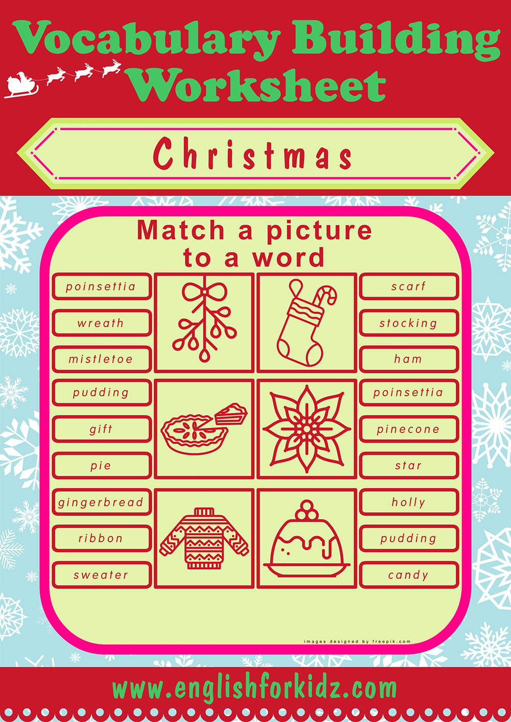 English For Kids Stepstep: Christmas Worksheets: Matching with Printable Christmas Matching Worksheet