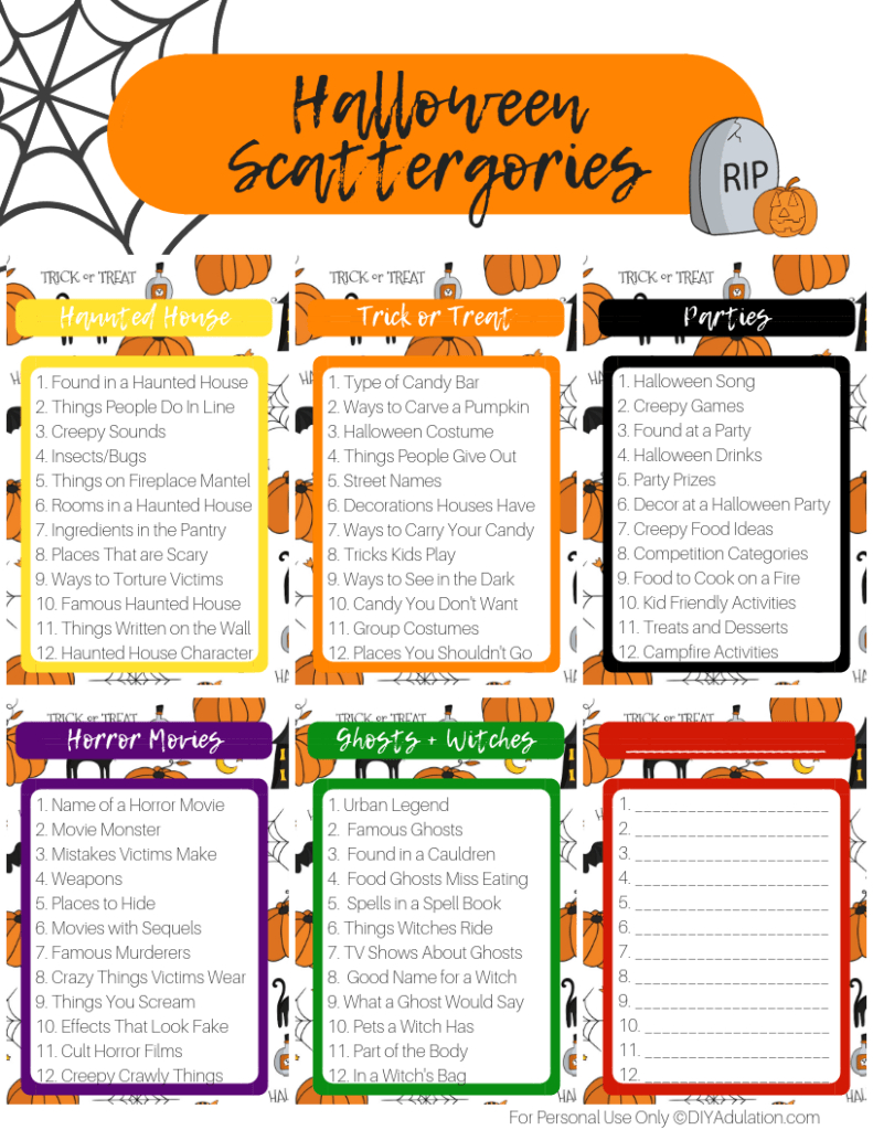 Free Printable Halloween Scattergories Game - Diy Adulation inside Halloween Scattergories Printable