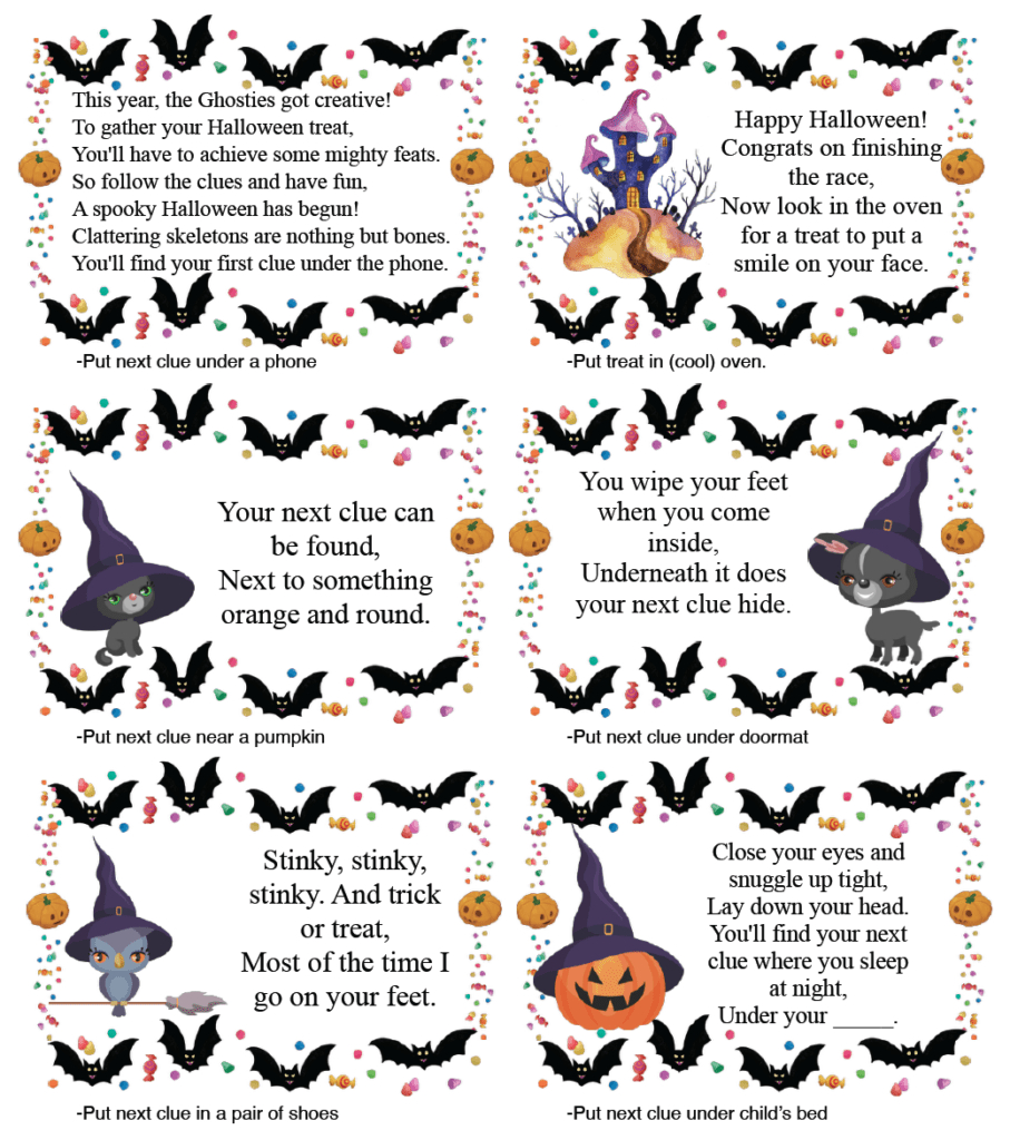 Free Printable Halloween Treasure Hunt: 24 Clues Plus Blanks pertaining to Printable Halloween Scavenger Hunt