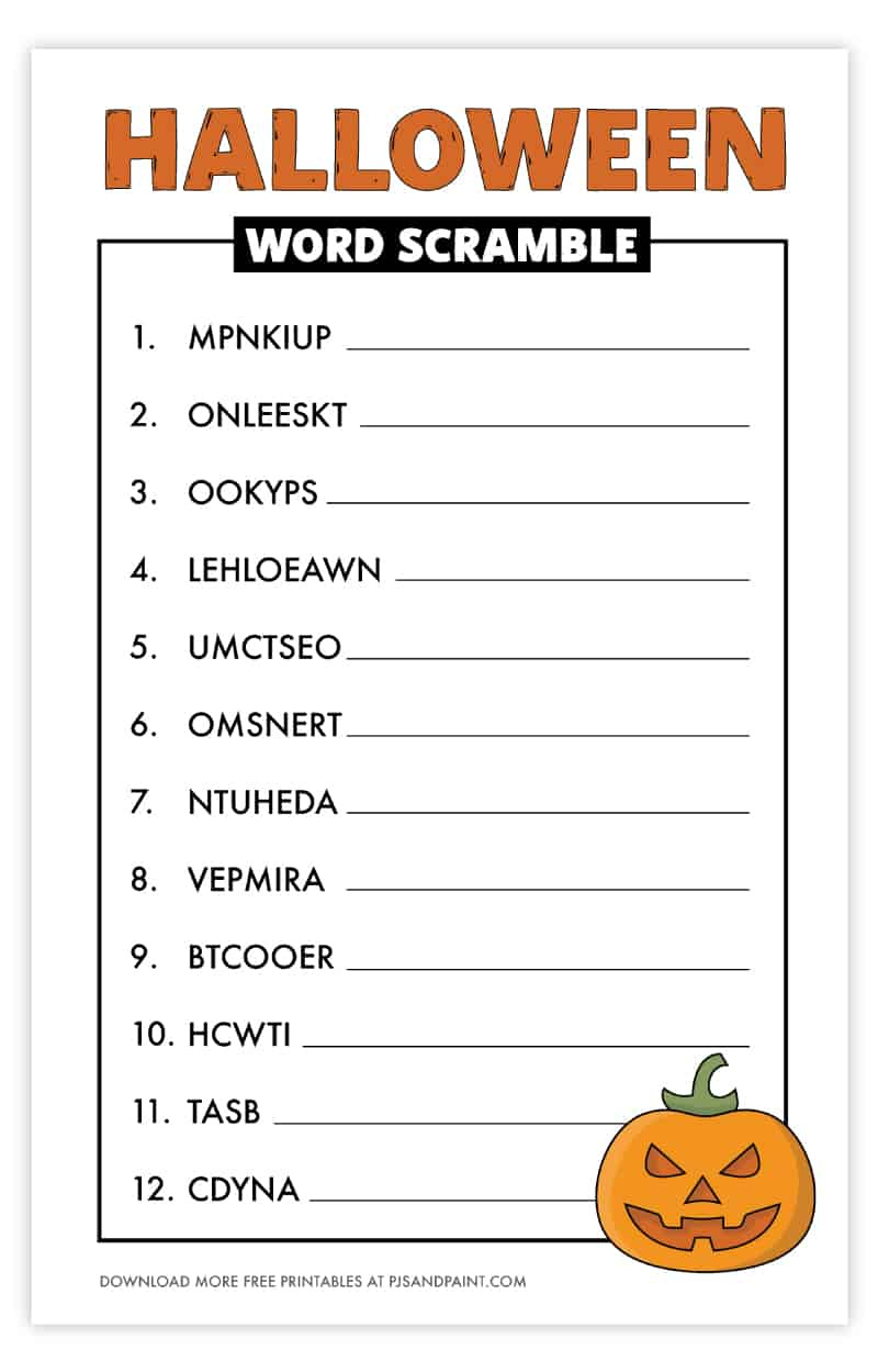 Free Printable Halloween Word Scramble - Pjs And Paint in Halloween Word Scramble Printable