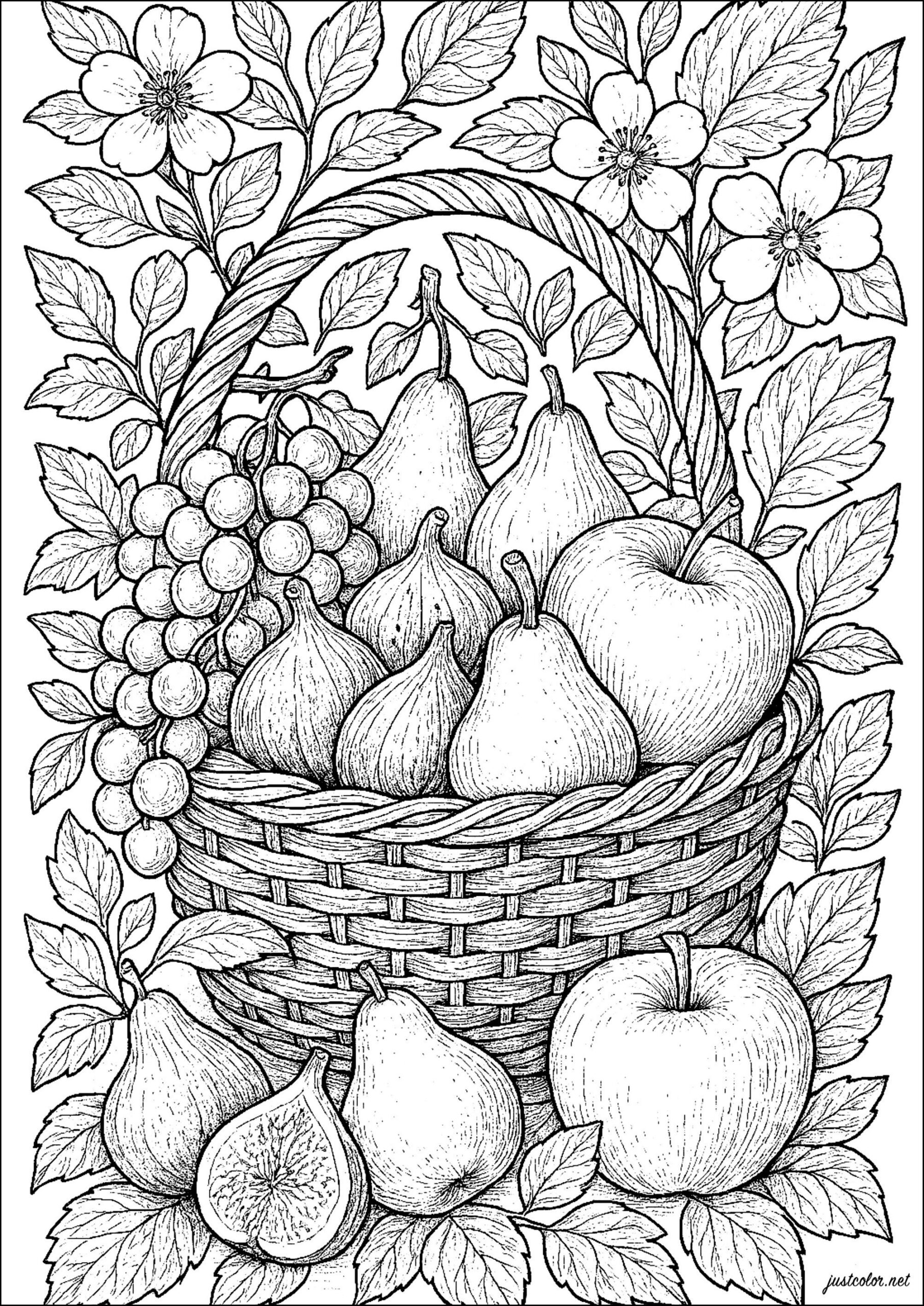 Fruit Basket: Figs, Grapes And Pears - Flowers &amp;amp; Vegetation for Thanksgiving Fruit Basket Coloring Page Printable
