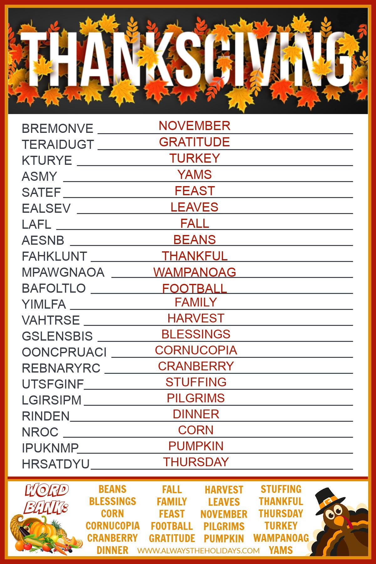 Get A Free Printable Thanksgiving Word Scramble With Answers with regard to Thanksgiving Word Scramble Printable
