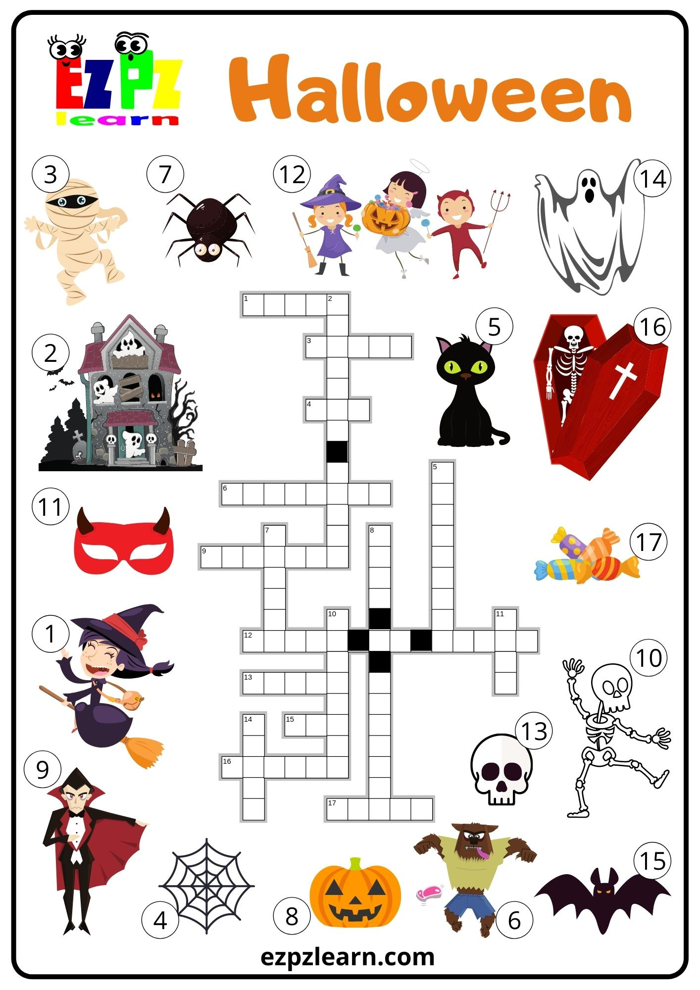 Halloween Crossword - Ezpzlearn in Printable Halloween Crossword