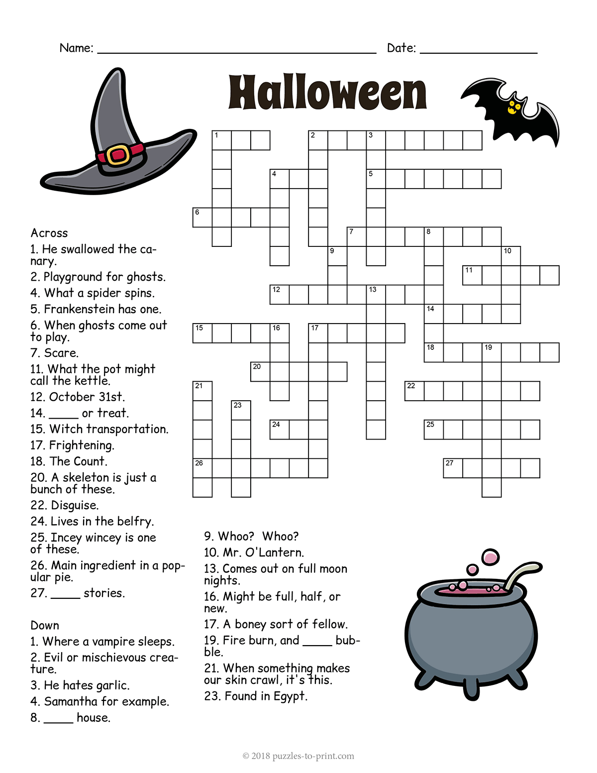 Halloween Crossword with regard to Halloween Crossword Puzzle Printable