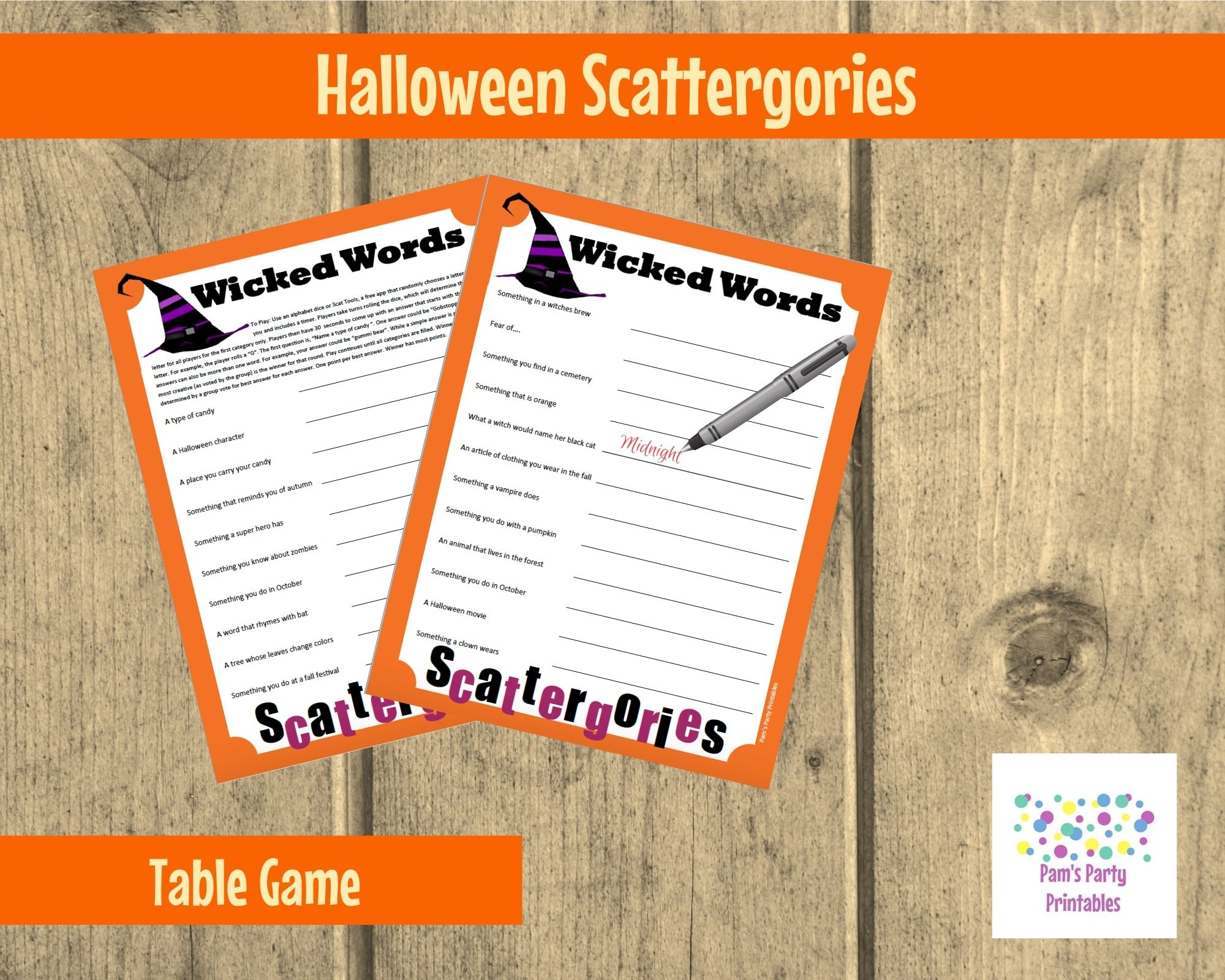 Halloween Scattergories- Printable Game – Classroom Game, Table with Printable Halloween Scattergories Bats