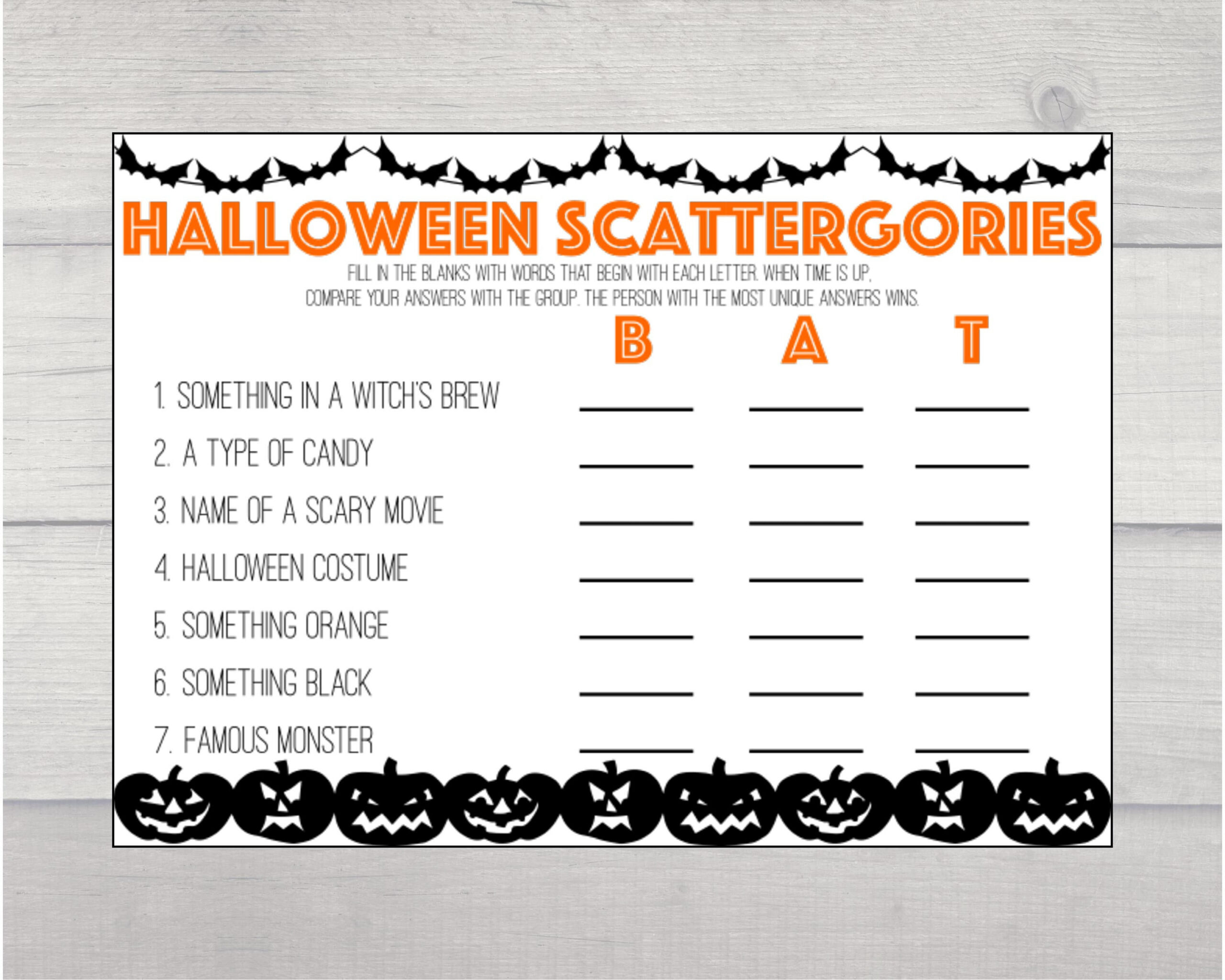 Halloween Scattergories Printable, Halloween Game Printable within Printable Halloween Scattergories Mask