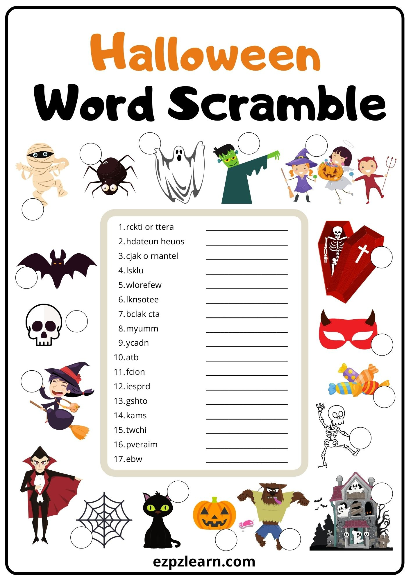 Halloween Word Scramble 2 - Ezpzlearn throughout Halloween Word Scramble Printable
