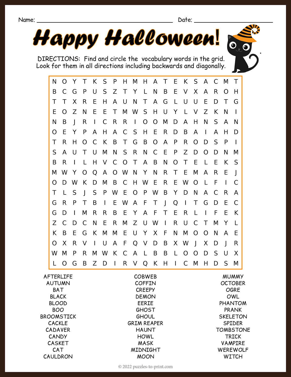 Halloween Word Search with regard to Printable Happy Halloween Word Search