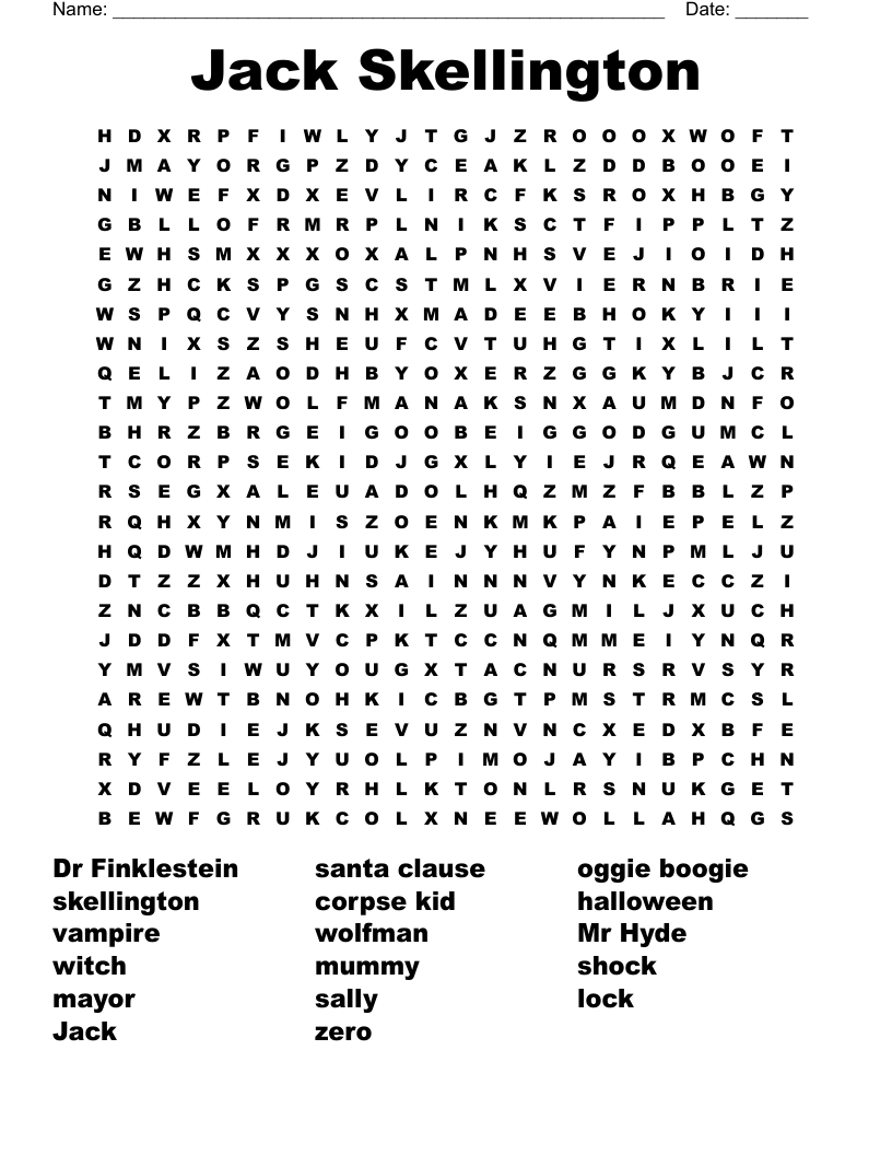 Jack Skellington Word Search - Wordmint inside Printable The Nightmare Before Christmas Word Jumble