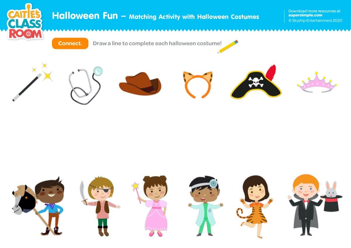 Matching Activity With Halloween Costumes - Super Simple throughout Printable Halloween Matching Worksheet