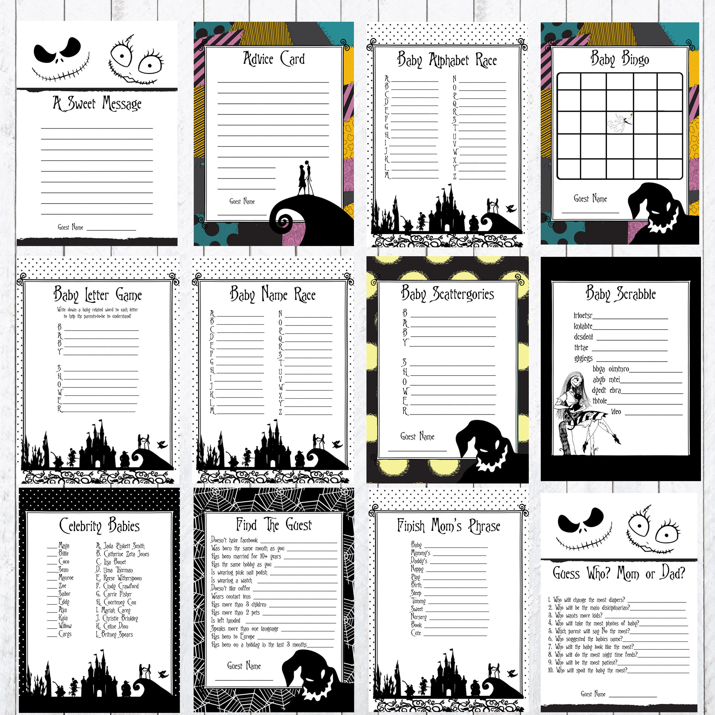 Nightmare Before Christmas Baby Shower Games. 8X 10 Signs, Instant regarding The Nightmare Before Christmas Charades Game Printable