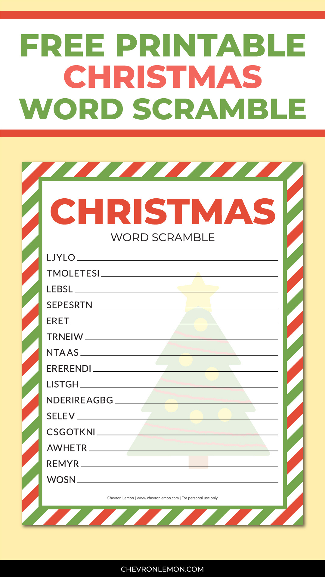 Printable Christmas Word Scramble - Chevron Lemon intended for Printable Christmas Word Scramble