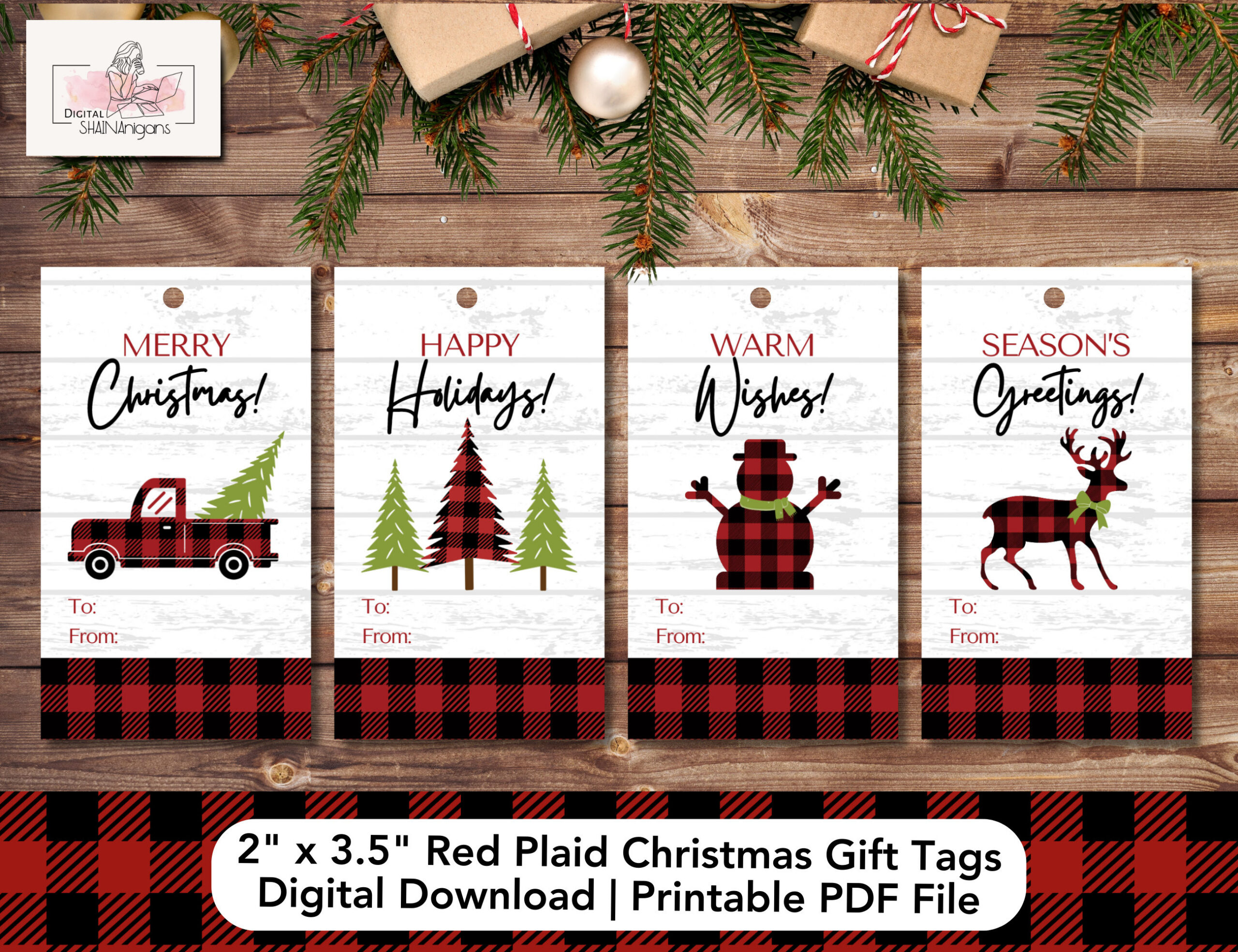 Red Plaid Christmas Gift Tags, Buffalo Plaid Christmas Gift Tags inside Printable Plaid Pattern Trees Merry Christmas Sign