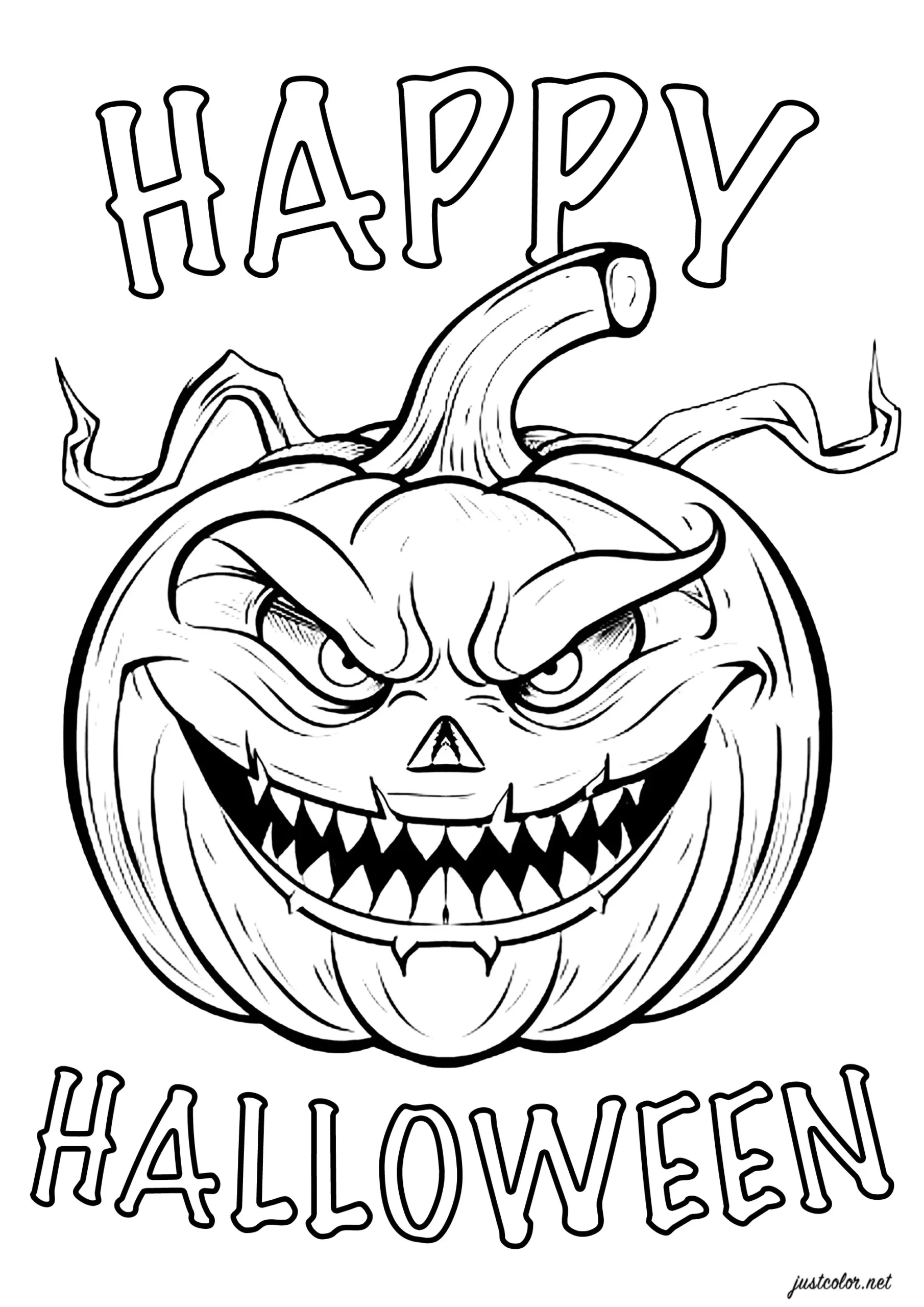 Scary Pumpkin With Text - Halloween Coloring Pages For Kids with Happy Halloween Coloring Page Printable