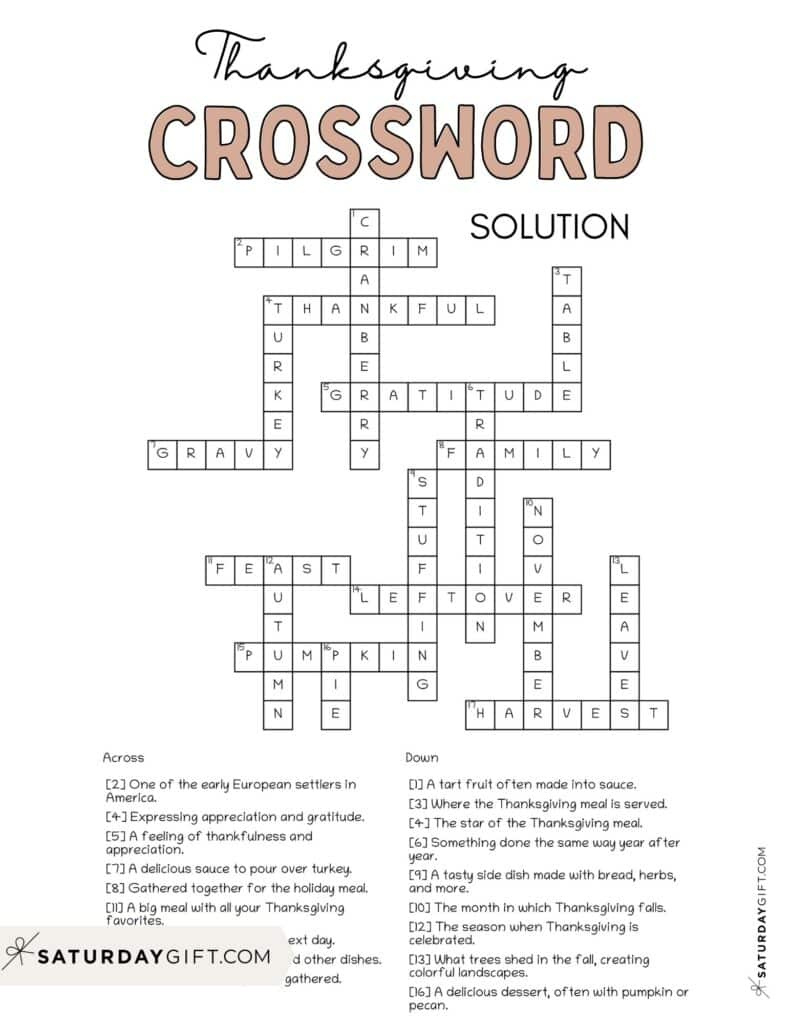 Thanksgiving Crossword Puzzle - Cute & Free Printable | Saturdaygift throughout Thanksgiving Crossword Printable