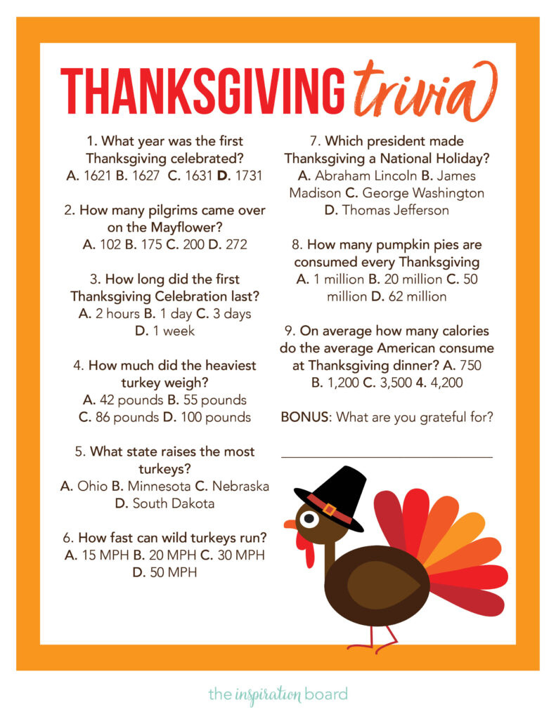 Thanksgiving Trivia (Free Printable) - The Inspiration Board within Thanksgiving Trivia Game Printable