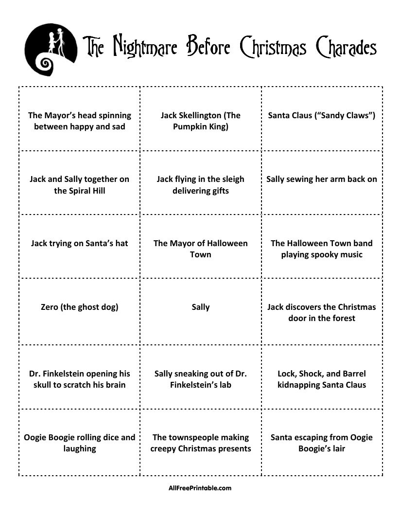 The Nightmare Before Christmas Charades Game – Free Printable with regard to The Nightmare Before Christmas A Z Game Printable