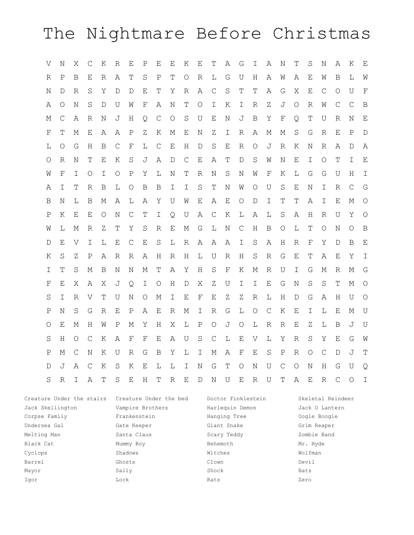 The Nightmare Before Christmas Crossword - Wordmint inside Printable The Nightmare Before Christmas Crossword