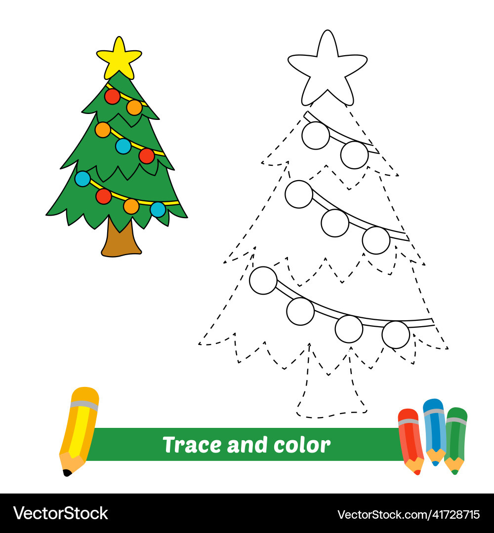 Trace And Color For Kids Christmas Tree Royalty Free Vector within Christmas Tree Tracing Worksheet Printable