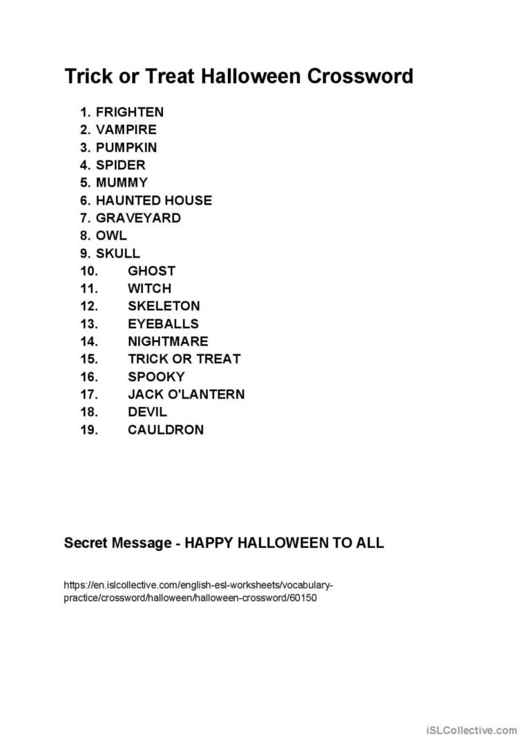 Trick Or Treat Halloween Crossword P…: English Esl Worksheets Pdf pertaining to Printable Trick Or Treat Halloween Crossword