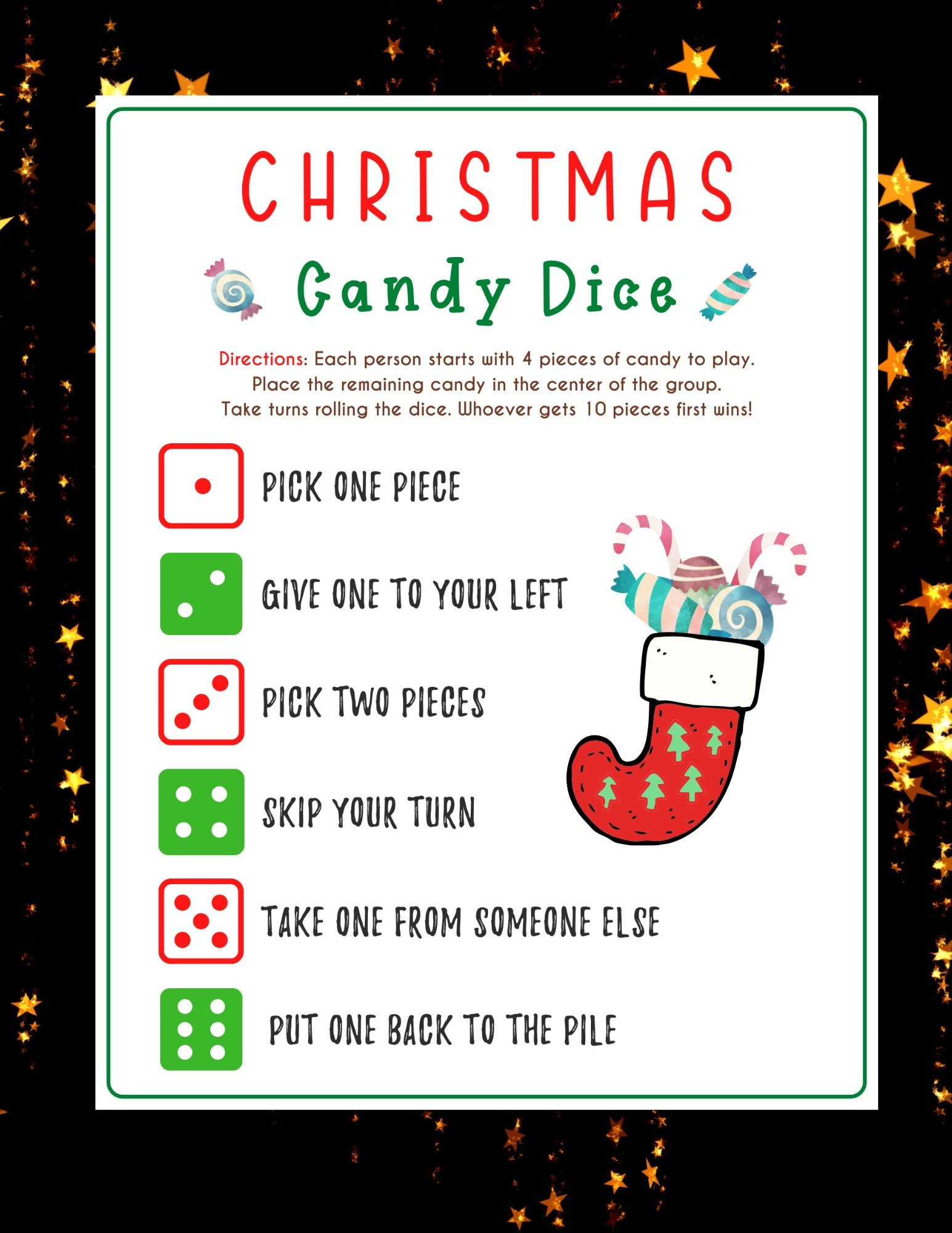 Christmas Candy Dice Game, Holiday Printable (Instant Download pertaining to Christmas Candy Dice Game Printable