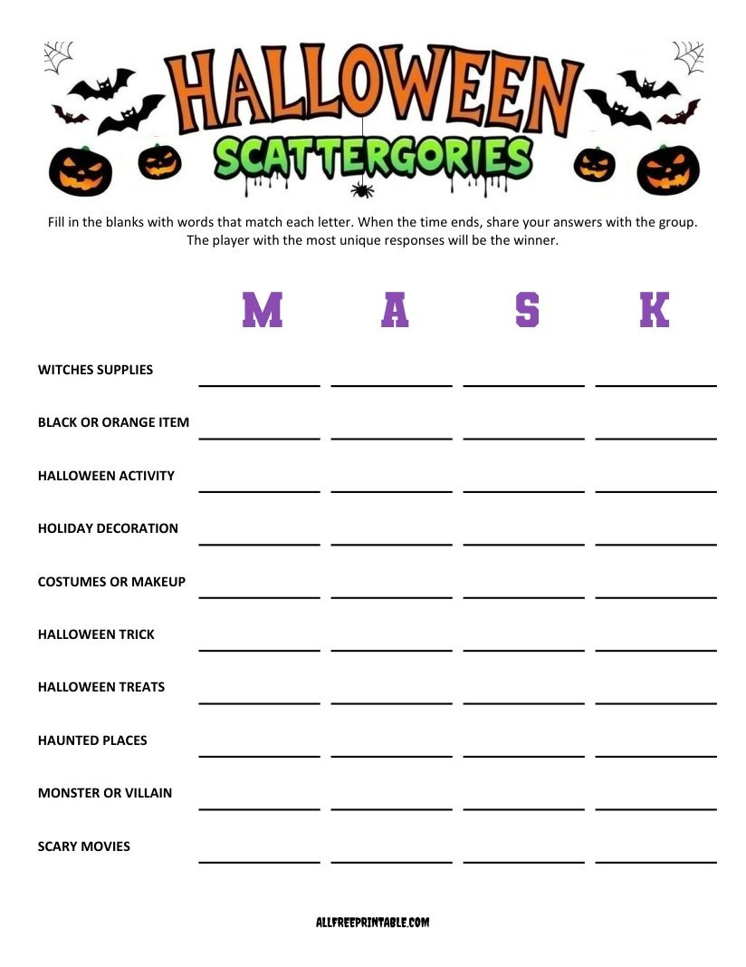 Halloween Scattergories – Free Printable pertaining to Printable Halloween Scattergories Wolf