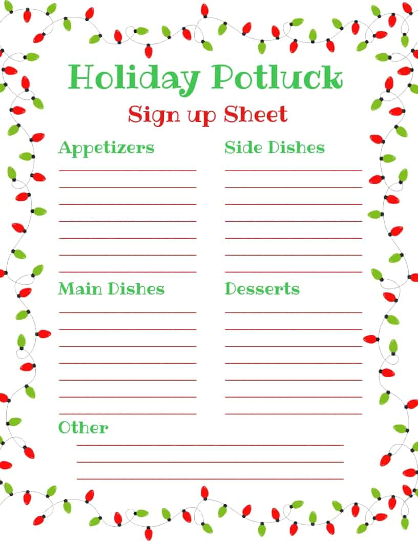 Holiday Potluck Sign Up Sheet - with Printable Christmas Party Sign Up Sheet