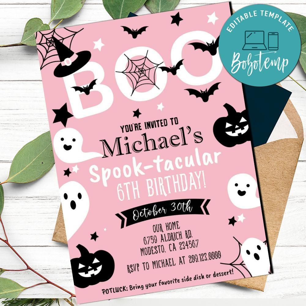 Pink Halloween Birthday Party Invitation Template Printable Diy intended for Printable Halloween Birthday Invitations