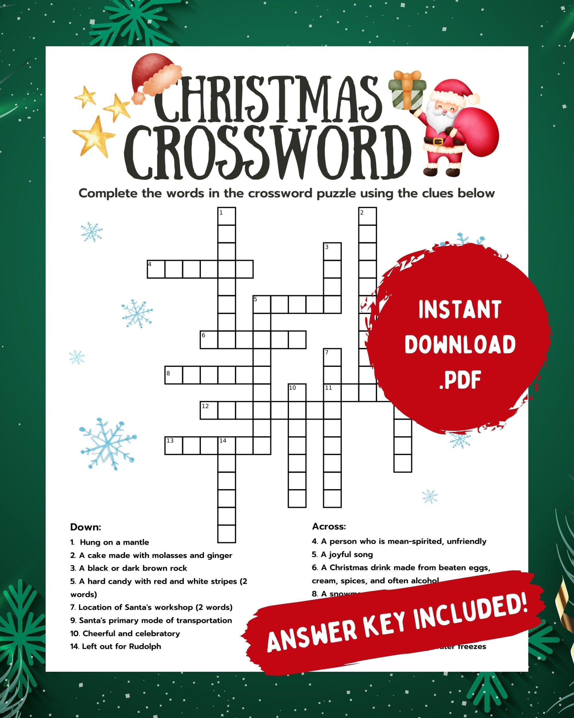 Printable Christmas Crossword Puzzle With Answer Key (Digital inside Printable Christmas Crossword Puzzle