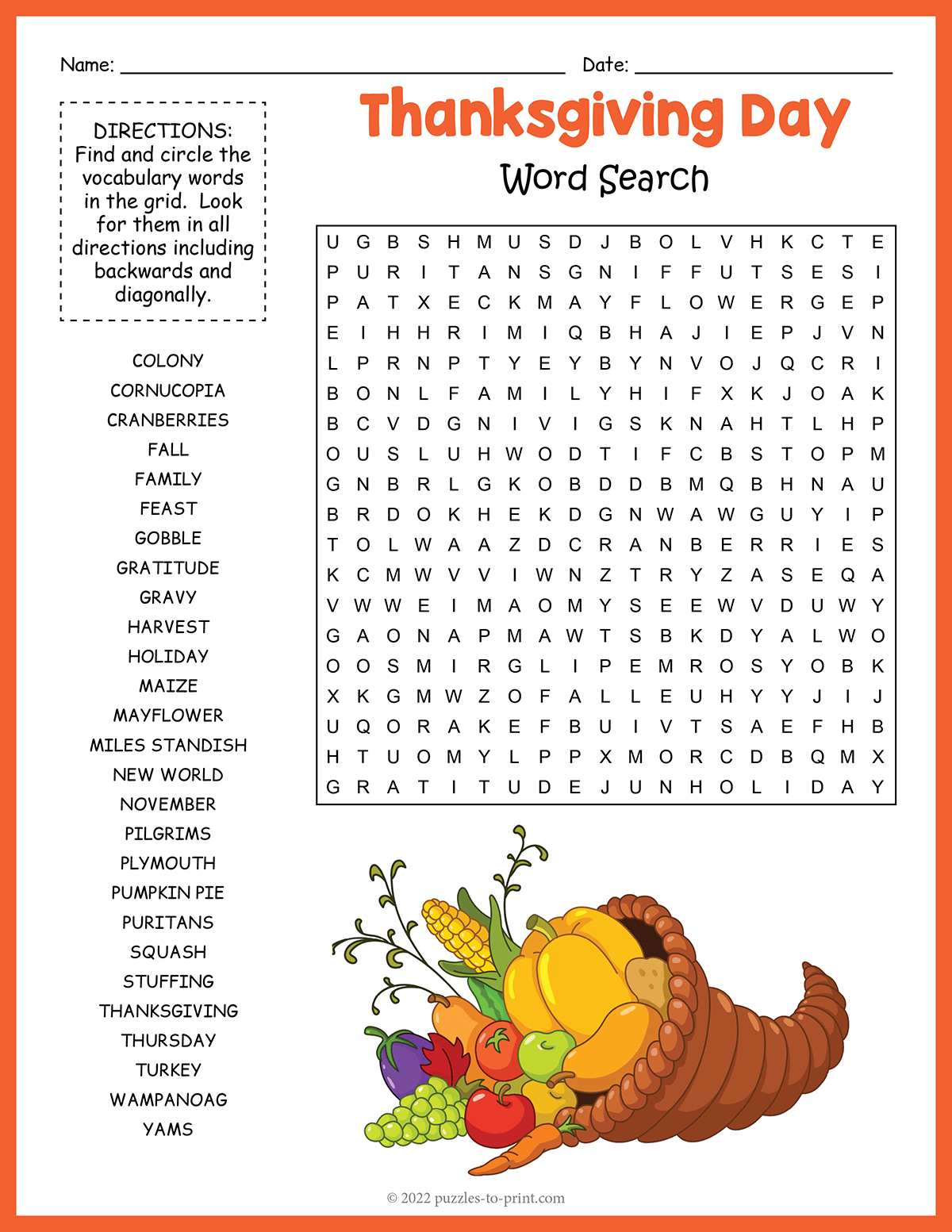 Thanksgiving Word Search for Thanksgiving Word Search Printable
