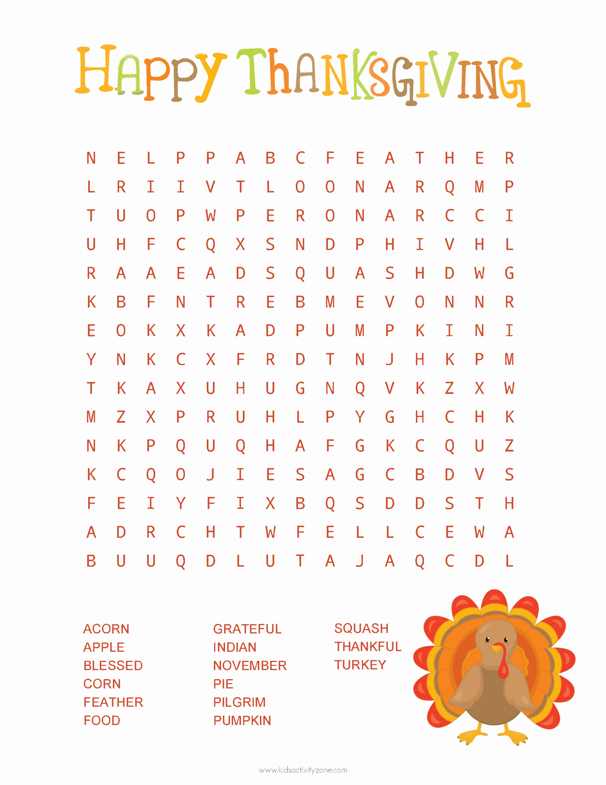 Thanksgiving Word Search - Kids Activity Zone for Thanksgiving Word Search Printable