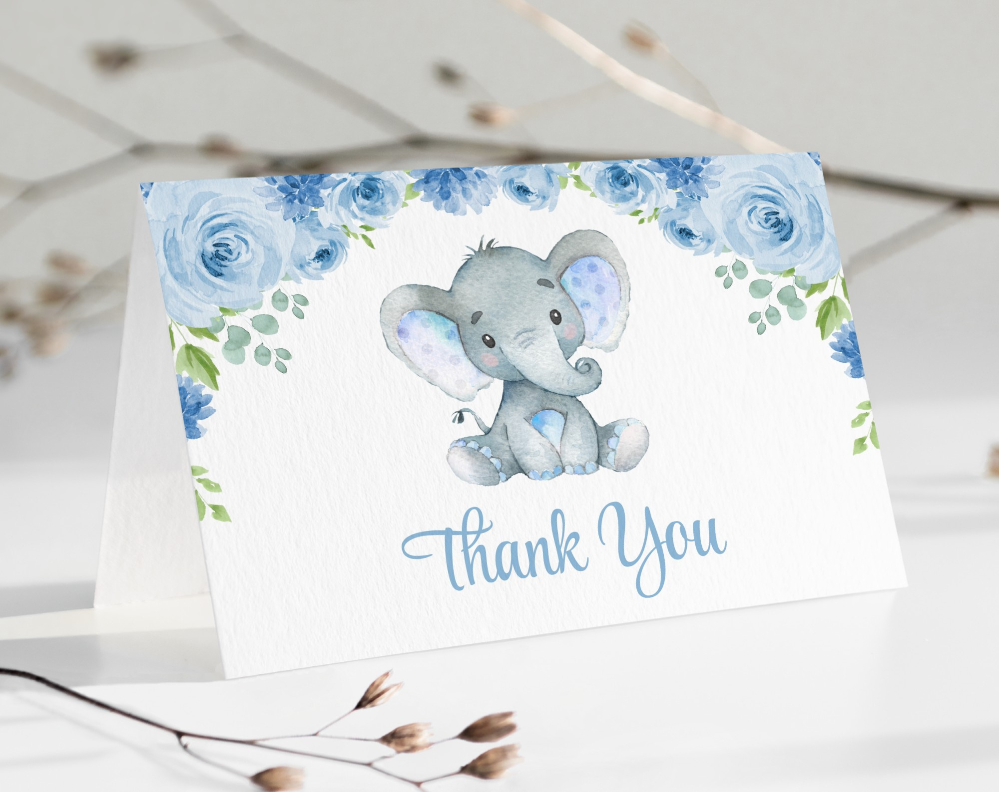 Baby Elephant Thank You Card, Boy Baby Shower, Printable File, Edit  Yourself, Sh08 intended for Baby Boy Shower Thank You Cards Printable