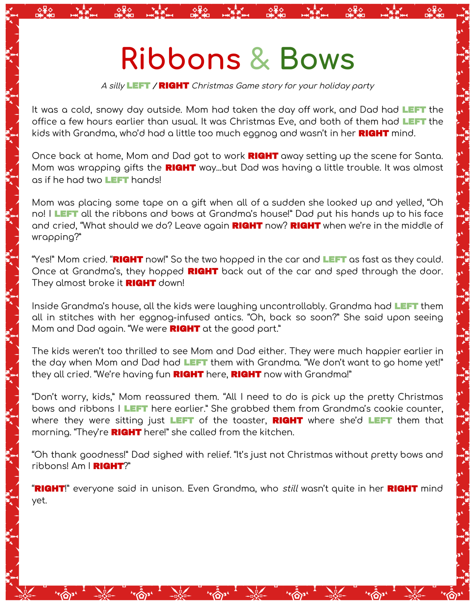 Christmas Left Right Story Printable for Left Right Christmas Game Printable For Kids