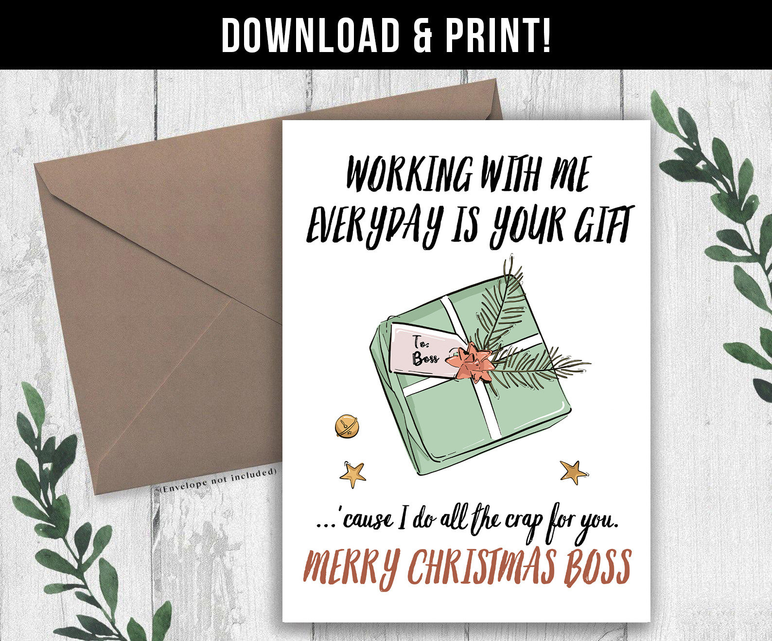 Digital Download Christmas Card For Boss, Boss Christmas Card with Free Printable Christmas Card For Boss
