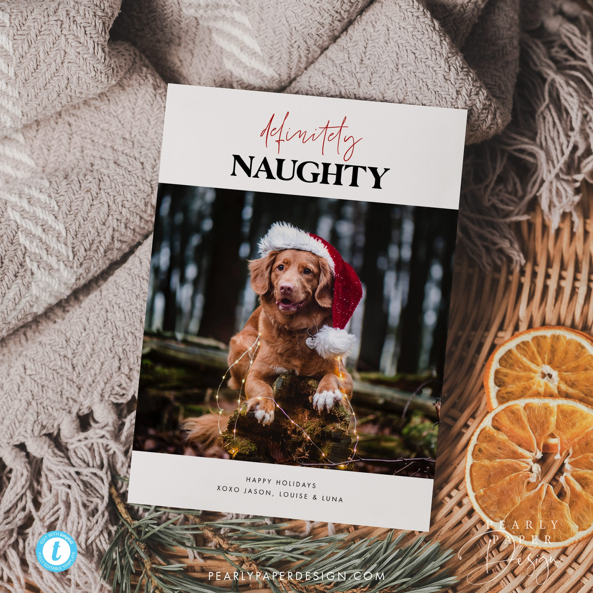 Dog Holiday Card Template, Minimalist Photo Holiday Templett for Printable Christmas Card Dog