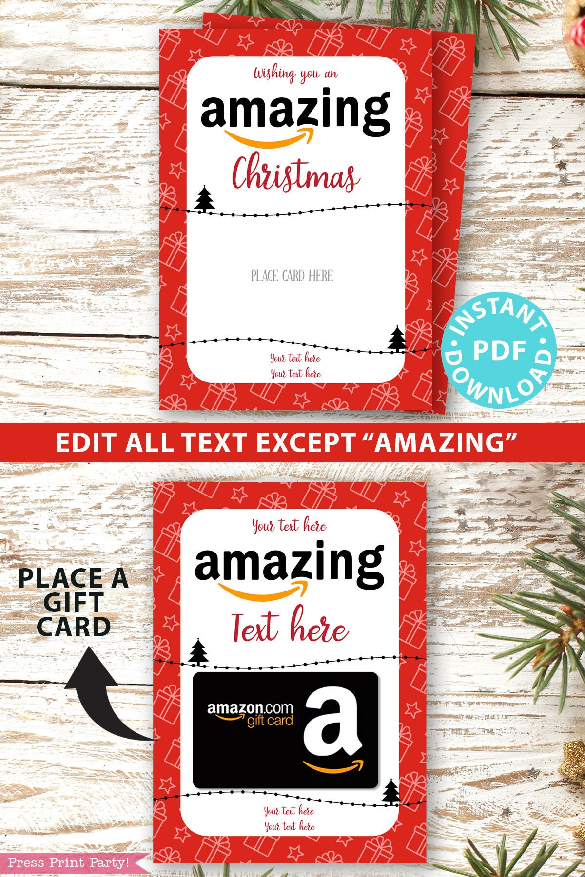 Editable Amazon Gift Card Holder Christmas Printable Template, 5 for Amazon Printable Gift Card Christmas Theme