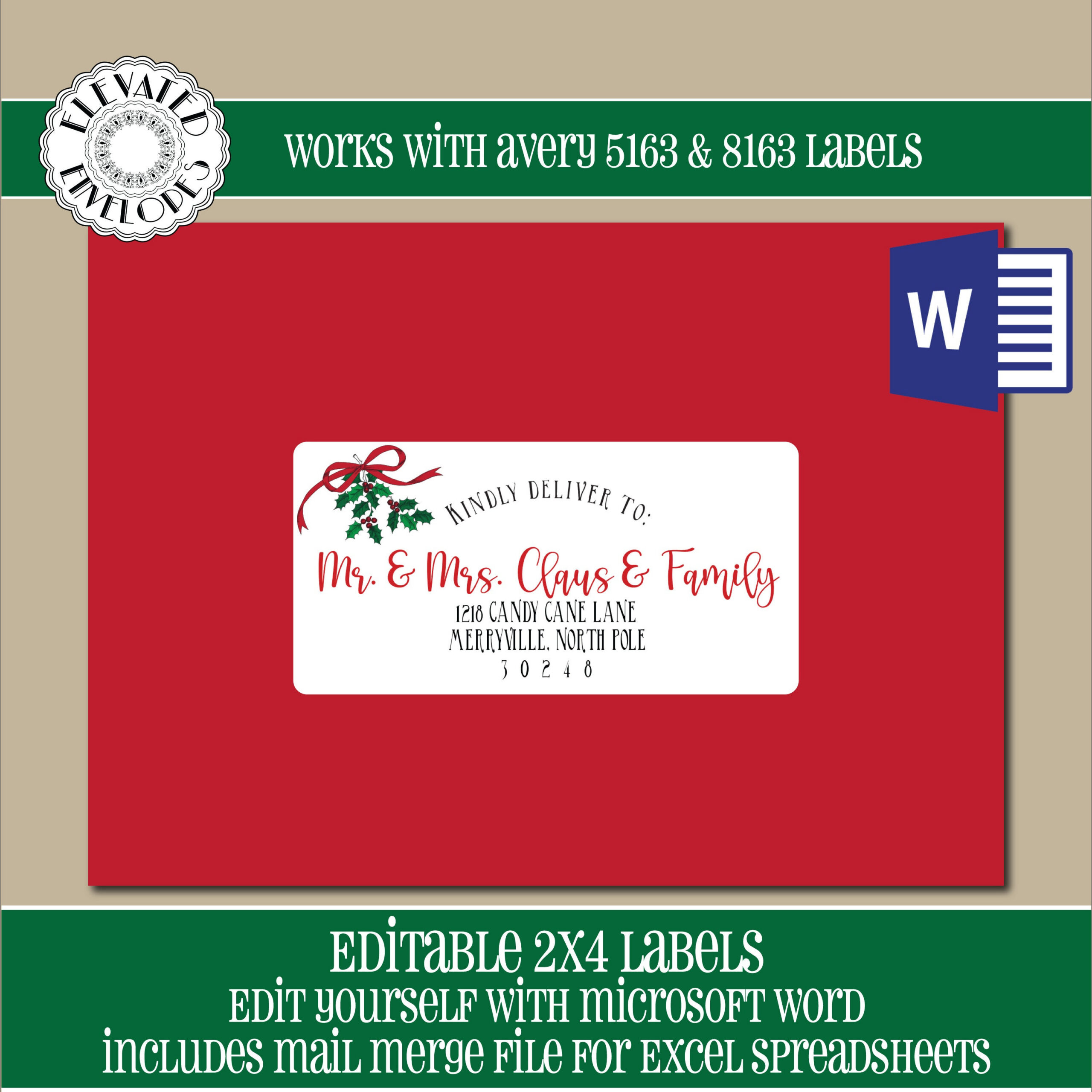 Editable Christmas Address Label Template,2X4 Address Label with Printable Christmas Card Address Labels