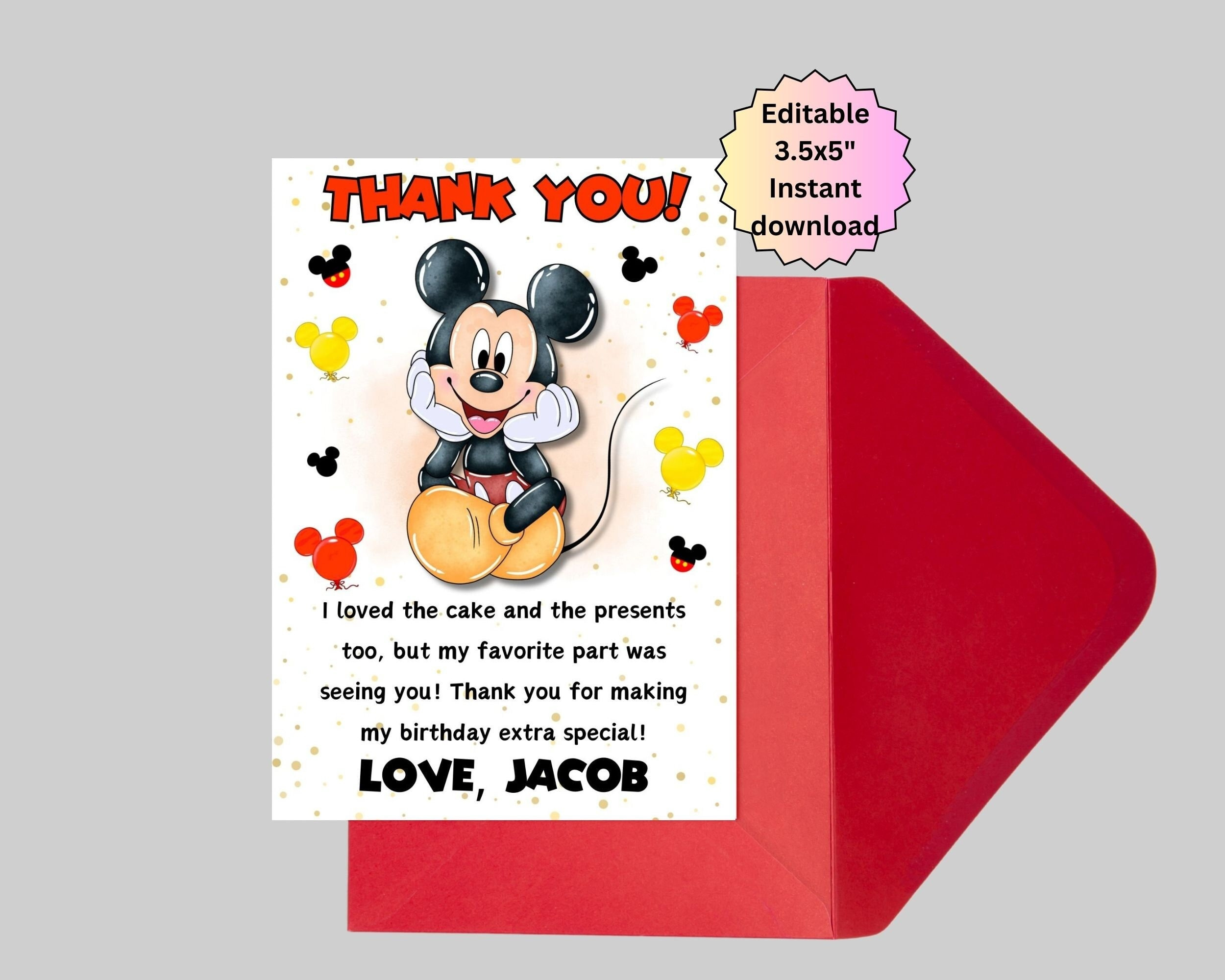 Editable Red Mickey Mouse Thank You Card, Thank You Cards, Thank with Mickey Mouse Thank You Photo Cards Printable