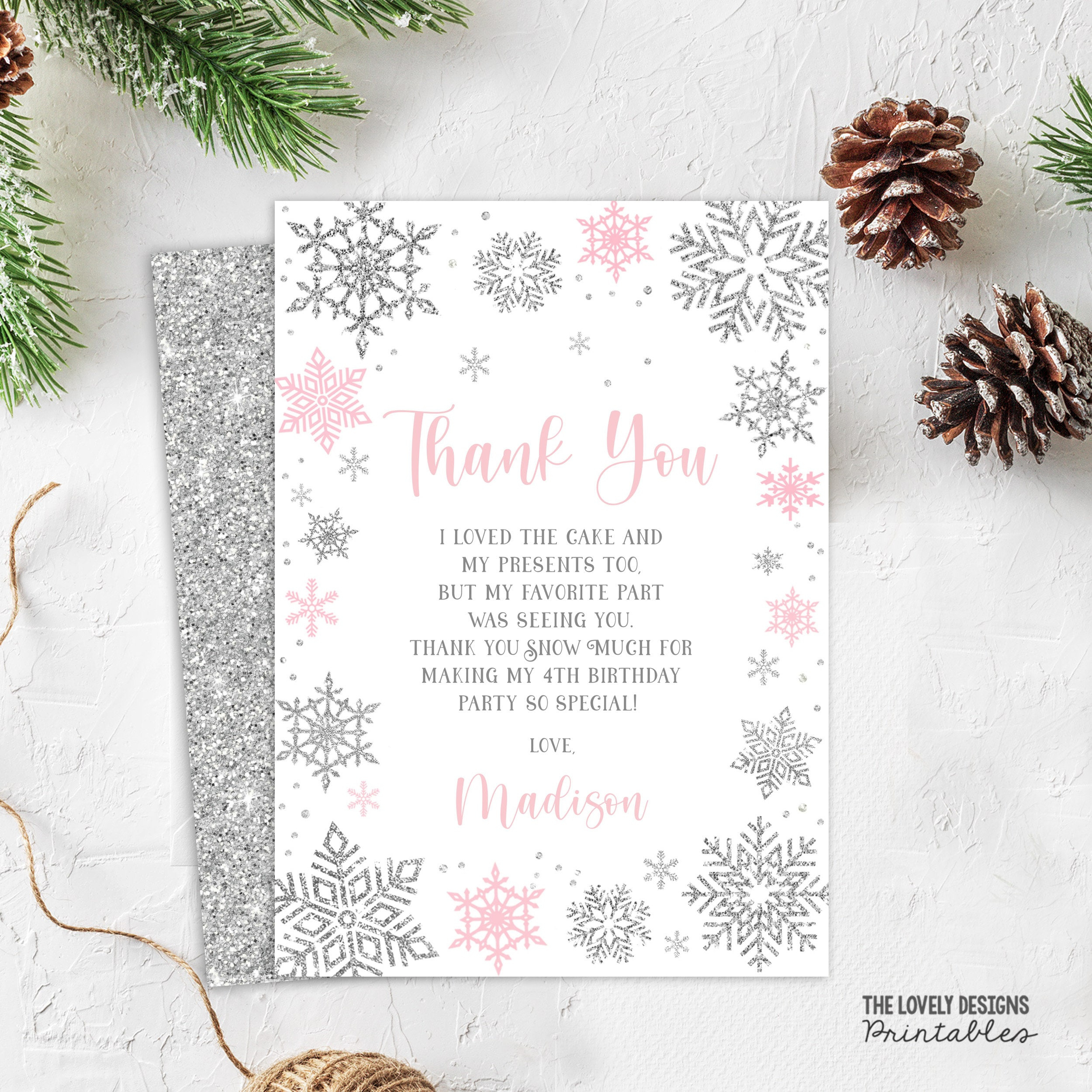 Editable Winter Thank You Card Winter Birthday Party Snowflakes pertaining to Winter Thank You Cards Printable