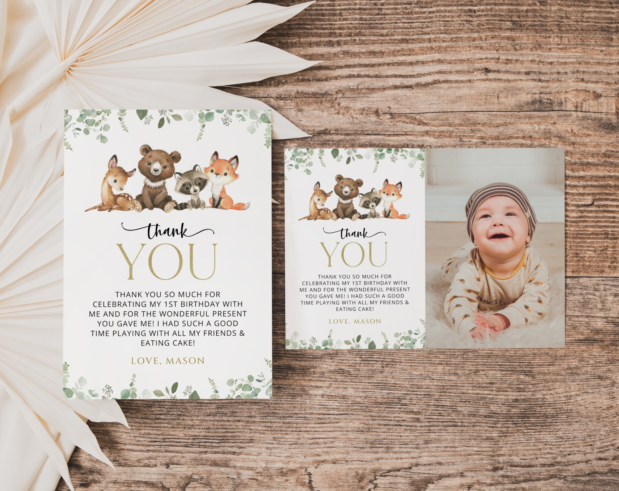 Forest Animals Thank You Card, First Birthday, Printable File, Edit  Yourself, Sh28 throughout First Birthday Thank You Cards Printable