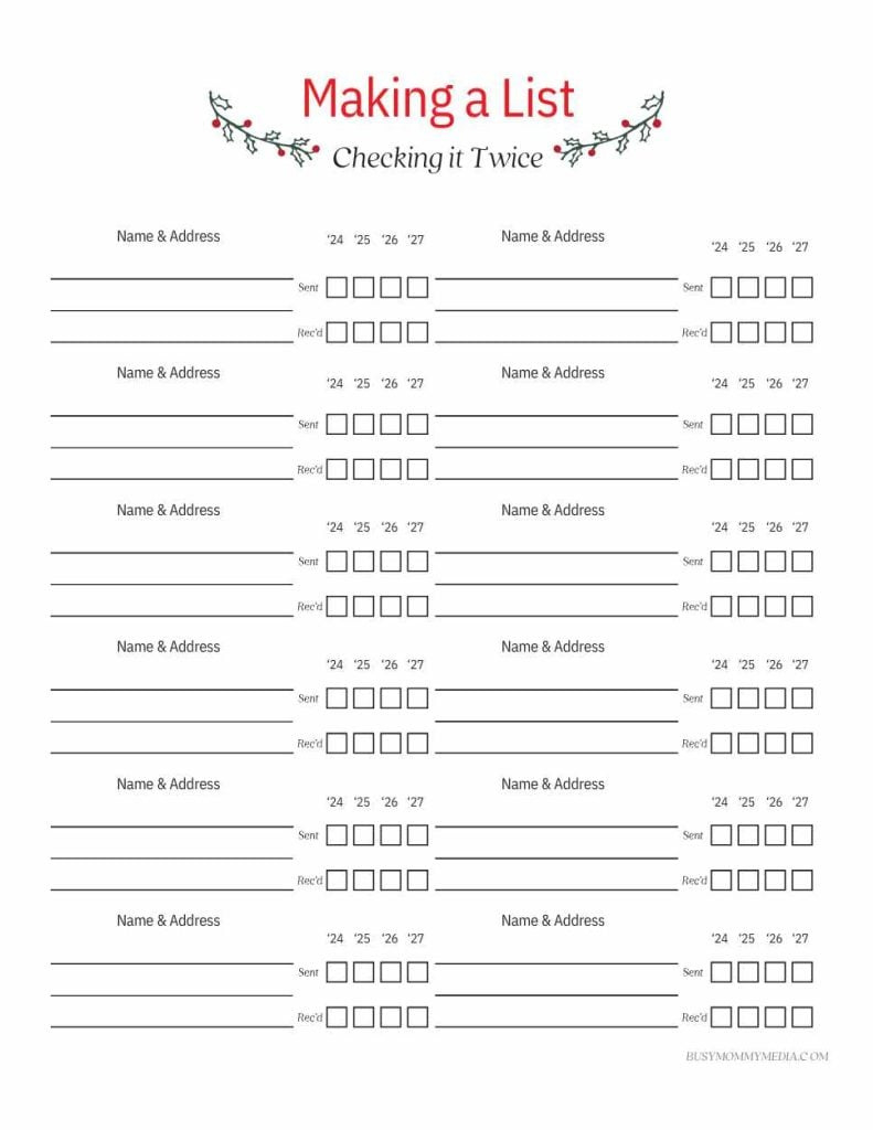 Free Printable Christmas Card Address List in Printable Christmas Card Address List