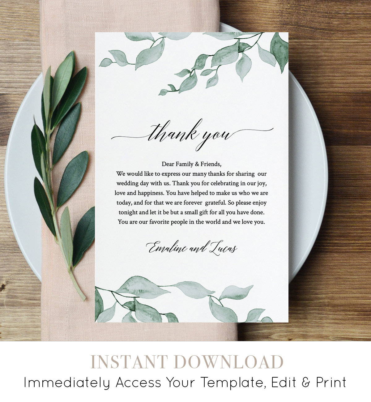 Greenery Wedding Thank You Card, Printable In Lieu Of Favor Card throughout Wedding Party Thank You Cards Printable