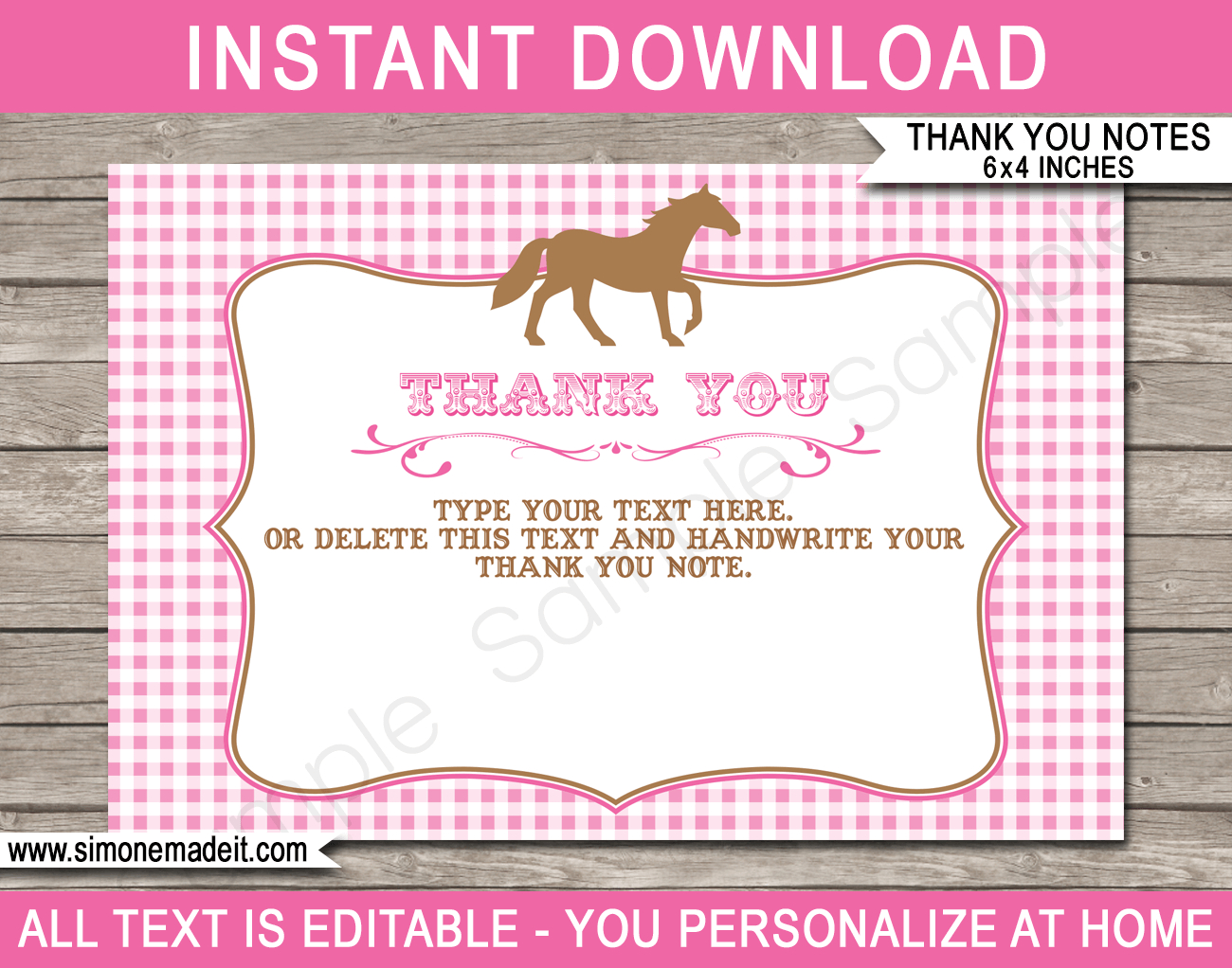 Horse Party Thank You Cards Template - Pink regarding Horse Thank You Cards Printable